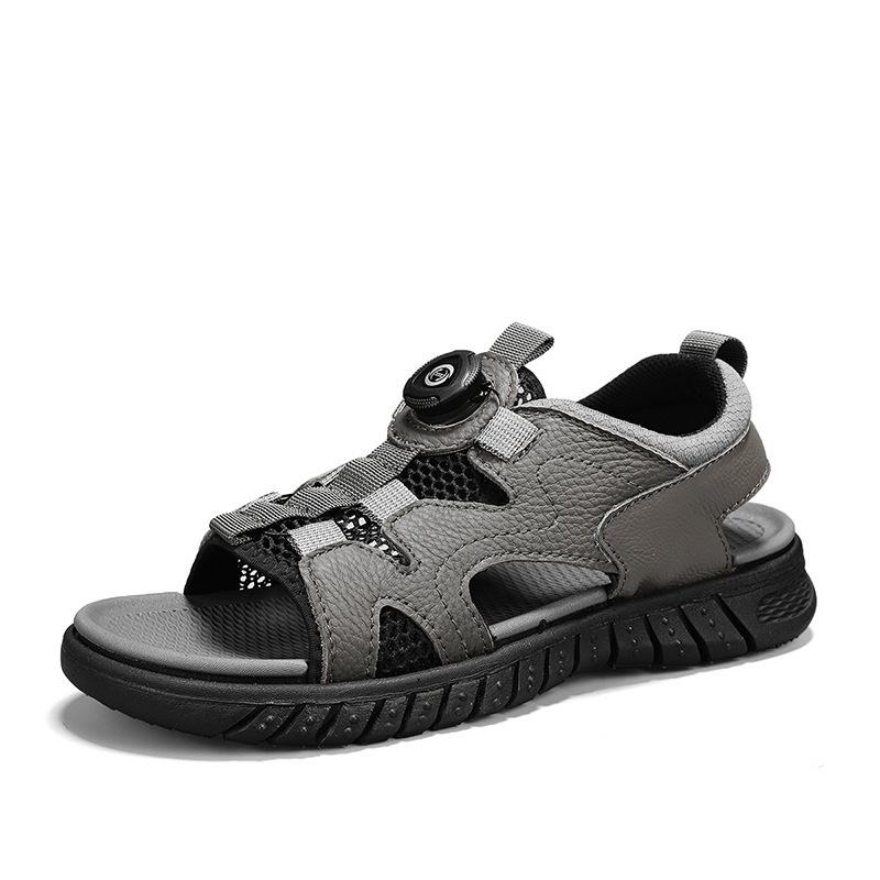 

Large Size Leather Open-toed Sandals Men s Hollow Mesh Beach Shoes 48 сірий колір