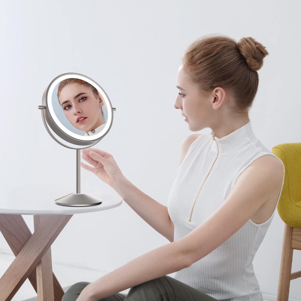 FASCINATE Makeup Mirror with 1x and 10x USB Brightness Touch Tabletop Stand Mirror Light, Magnification, Rechargeable, Adjustment, Control, 360-Degree