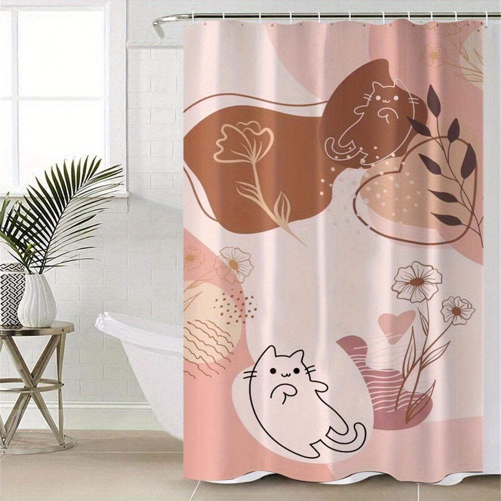 1pc Cute Cat and Floral Print Polyester Shower Curtain with Hooks - Pastel Pink Design, No-Drill Installation for Bathroom Decor