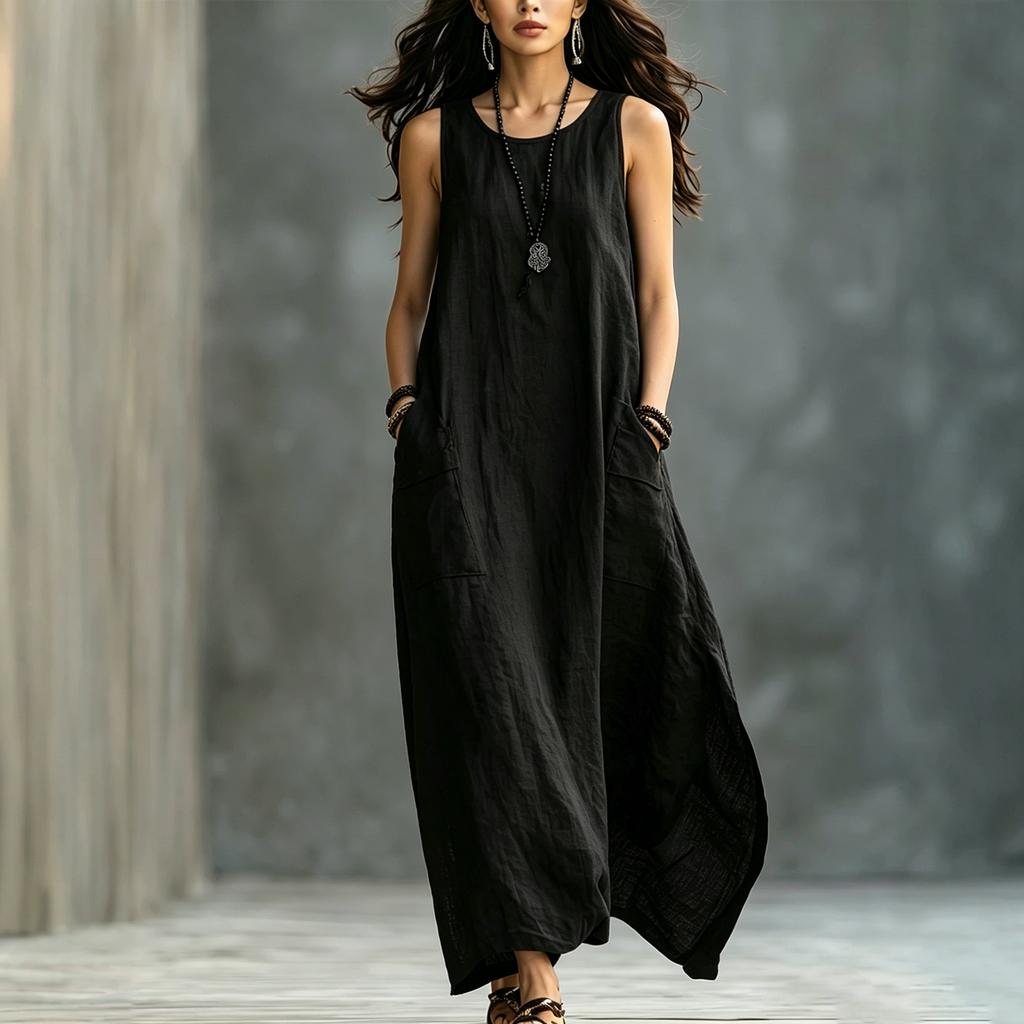 Women Sleeveless Loose Fit Vintage Style Dress Two Pockets Casual Long Maxi Dress Lightweight Summer Dress