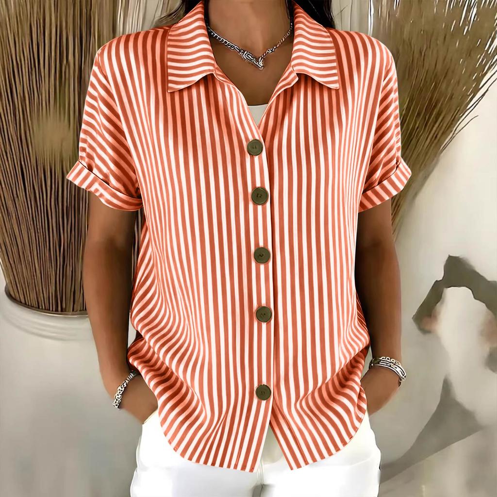 Women Casual Button Down Shirt Short Sleeve Striped Pattern Lightweight Relaxed Fit Blouse Suitable for Everyday Wear and Outdoor Activities