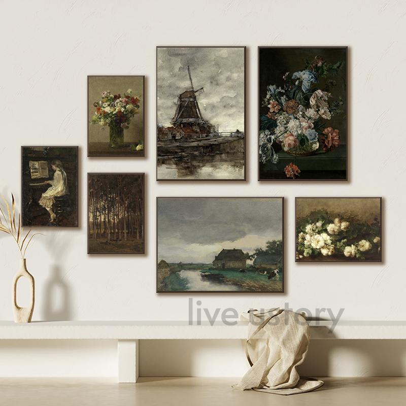 Moody Victorian Paintings Prints Vintage Dark Academia Aesthetic Decor Floral Poster Skeleton Canvas Painting Gallery Wall Decor