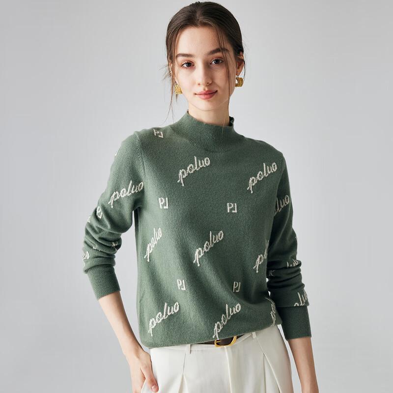 PALUO Women's 100% Cashmere Letter Jacquard Half-Turtleneck Sweater