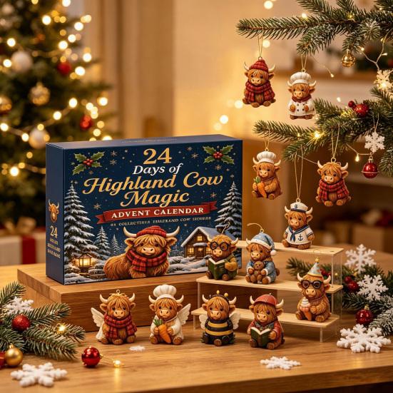 Holiday Hanging Decorations Highland Cow Advent Calendar, 24 Unique Acrylic Ornaments, Decorative Christmas Countdown Blind Box 2D Flat