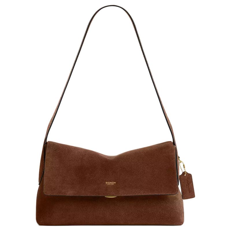 

COACH Chelsea 30 Logo Charm Push Lock Fabric Sheepskin Lined Internal Zipper Pocket Cow Split Leather Shoulder Bag Large Women s Warm Brown коричневий