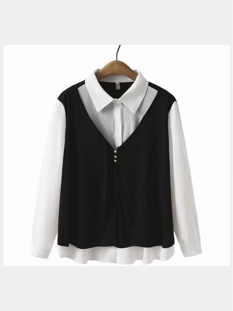Women's Plus Size French Style Tummy Concealing Two-Piece Long Sleeve Vest Shirt