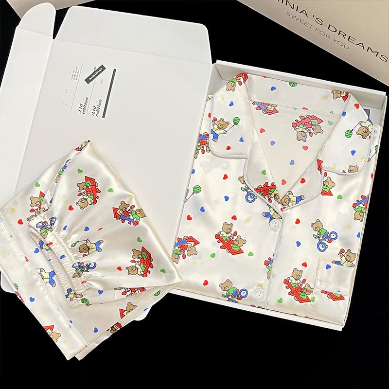 Letni Nowy Damski Słodki Satynowy Zestaw Piżamy z Kwiatowym Wzorem Krótki Rękaw+Spodnie Damskie Uroczy Strój Domowy Codzienny