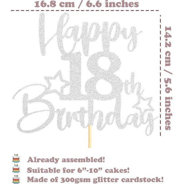 Sotpot 1 Pack 18th Birthday Cake Topper Double-sided Silver Glitter Cake Topper with Star Pattern Cake Decoration for Happy 18th Birthday Party Cake