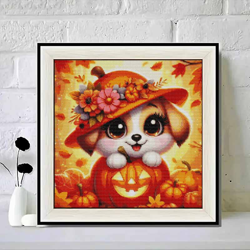 DIY Full Drill Diamond Painting Canvas Cute Puppy In Pumpkin Pattern Creative Craft Kit for Modern Home Decor and Wall Art Gift