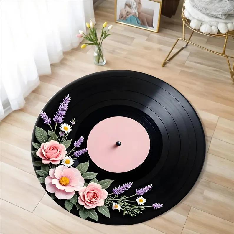Runder Retro-Schallplatten-Teppich – Bedruckter Musikteppich für Wohn- oder Schlafzimmer – Maschinenwaschbar, rutschfeste Bodenmatte