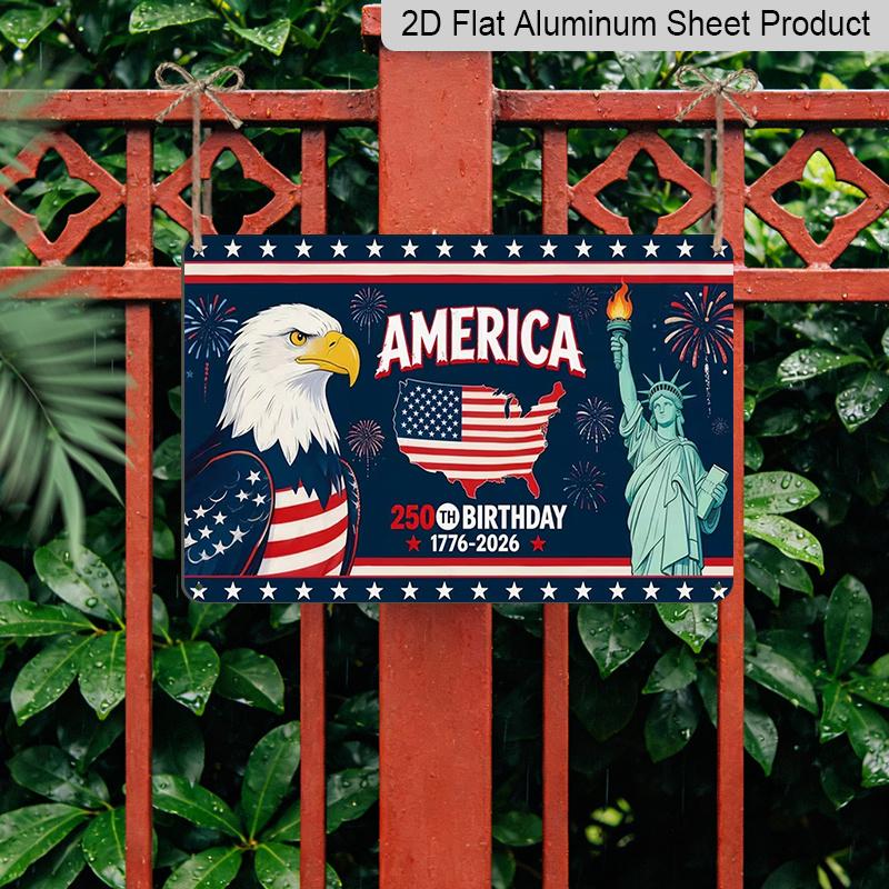 2D Flat, 1pc "250th Celebration" Patriotic Plaque, 12"×8" - American Independence Decor Sign with Eagle & Statue, Red White & Blue - Aluminium Wall