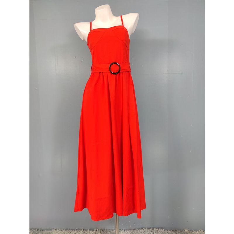 

Foreign Trade Order OA British Style Elegant Sling Backless Street Personality Dress Square Collar Big Hemline Dress With Belt Watermelon red XL(14)
