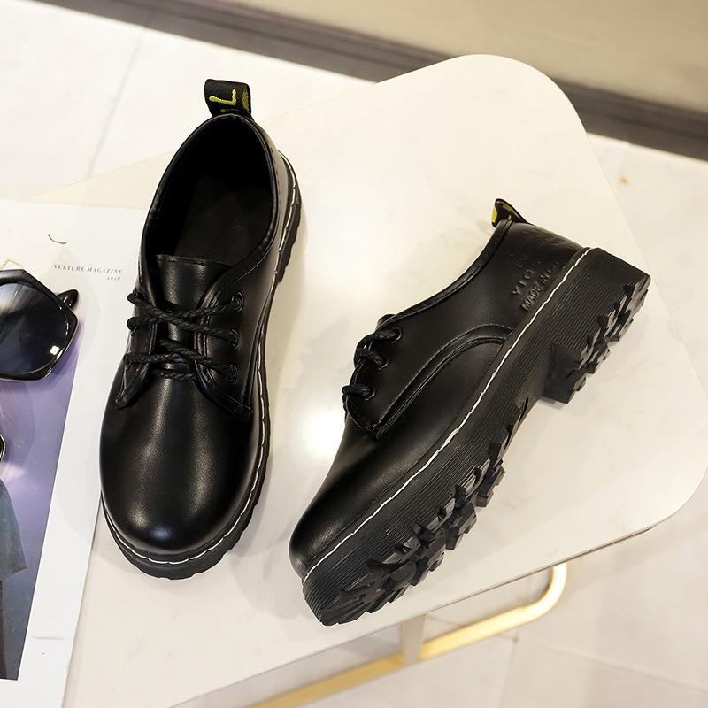 Autumn new small leather shoes women's middle heel thick heel solid color casual shoes black round head lace-up shoes