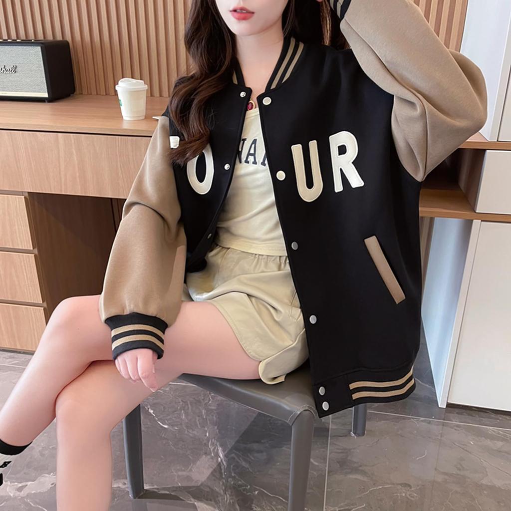 JIYUTOR Long Sleeve Stadium Thick Track Jacket with English Stylish Oversized Women's Jacket, Print, Sweatshirt, Fit, Fleece-Lined, Two-Tone Design,