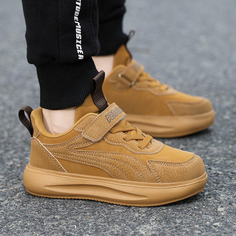 Boys' Lightweight Sneakers 24 Years Autumn and Winter Velcro Leather Waterproof Middle School and Older Children's Students White Shoes Running Shoes