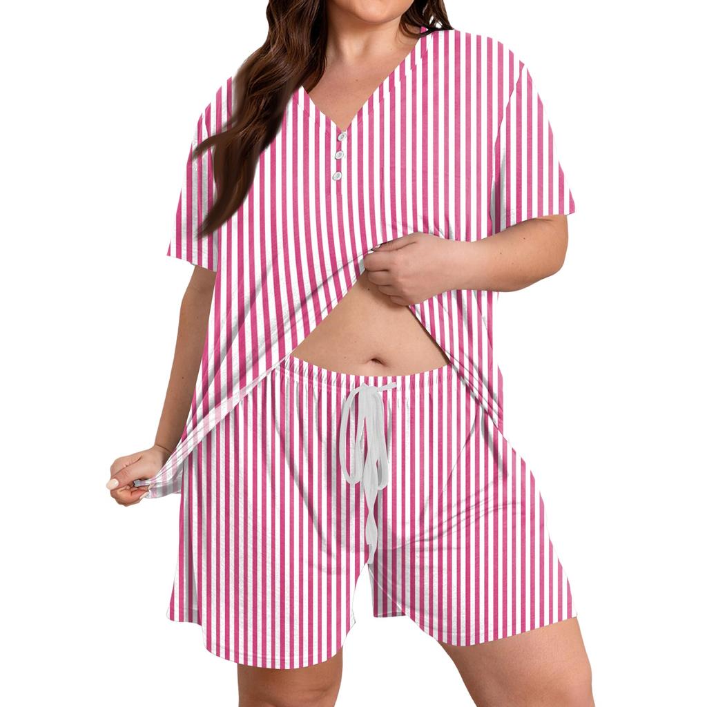 Plus Size Casual Two Piece Set Women Short Sleeve V Neck Loose Fit Top and Drawstring Waist Shorts Lounge Wear Set