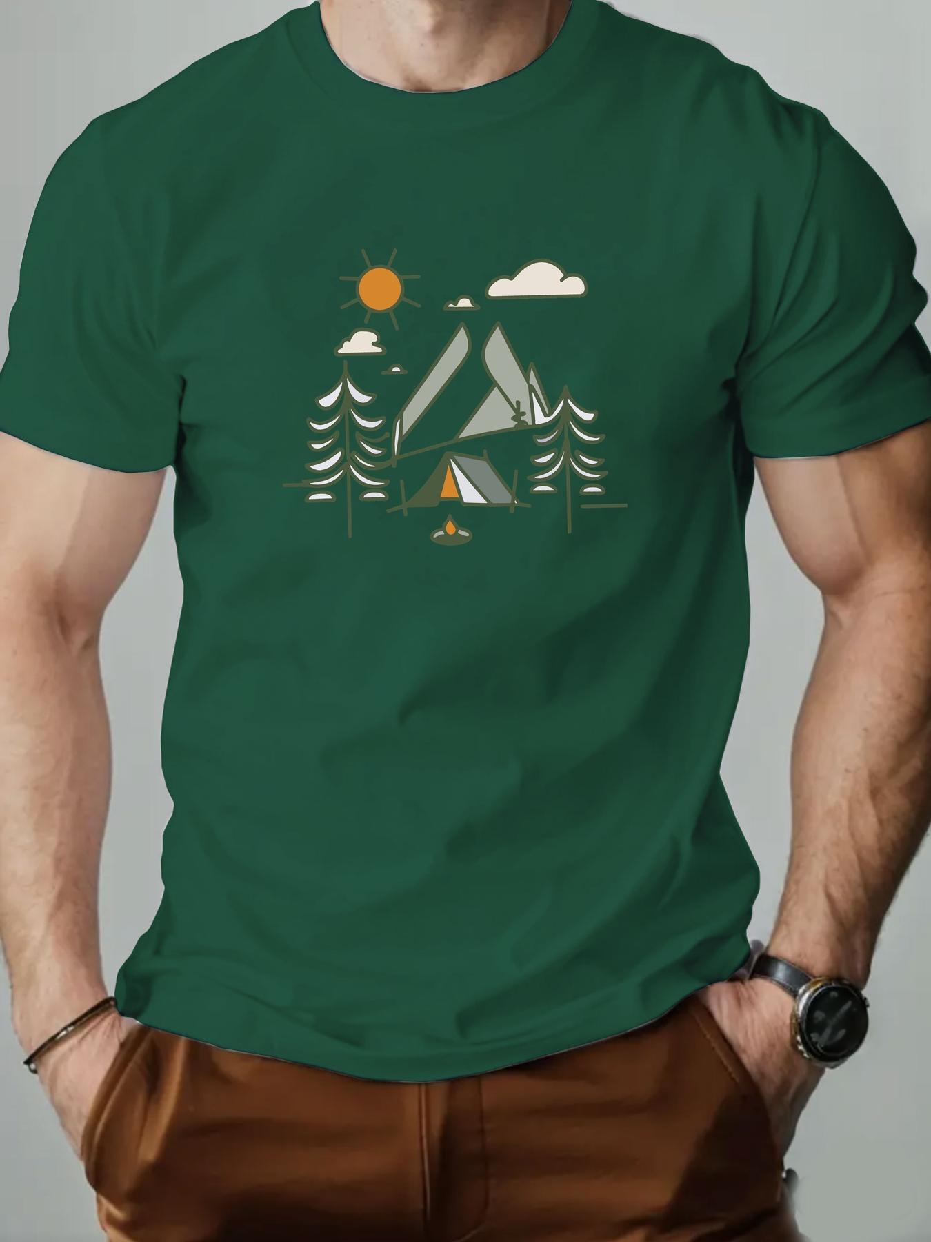 

Pure Cotton Men s Summer Round Neck Short Sleeve T-shirt Camping Tent Adventure Print Breathable Casual Daily Wear Trendy Tee 4XL