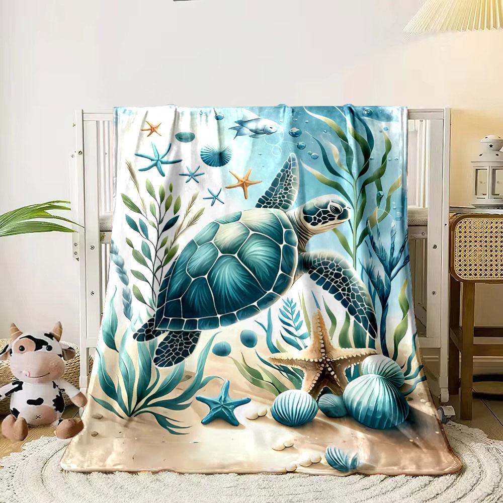 Ocean Themed Plush Blanket with Sea Turtle Starfish and Seaweed Blanket for Livingroom Couch Lunch Break Soft Throw for Friend's Festival Gift