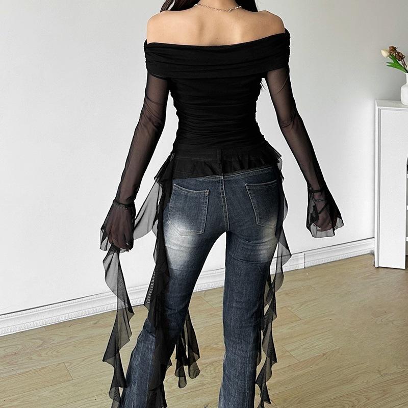 European and American Style Summer New Women's Clothing Solid Color Slim Street Fashion One-word Collar Long-sleeved Backless T-shirt