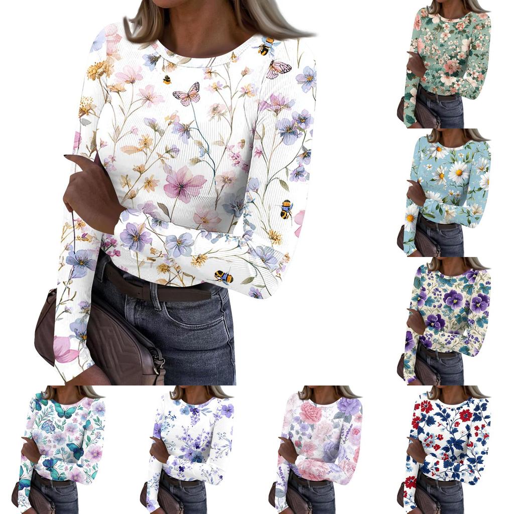Women’s Casual Long Sleeve Crew Neck Top with Floral Print Ribbed Texture Lightweight Pullover Blouse for Everyday Wear