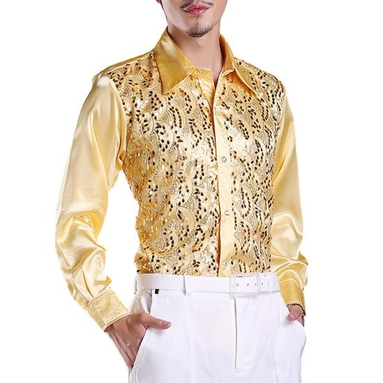 Herren Luxus Paillettenhemd Figurbetontes formelles Hemd für Hochzeit Einreihiges Hemd mit langen Ärmeln Revers