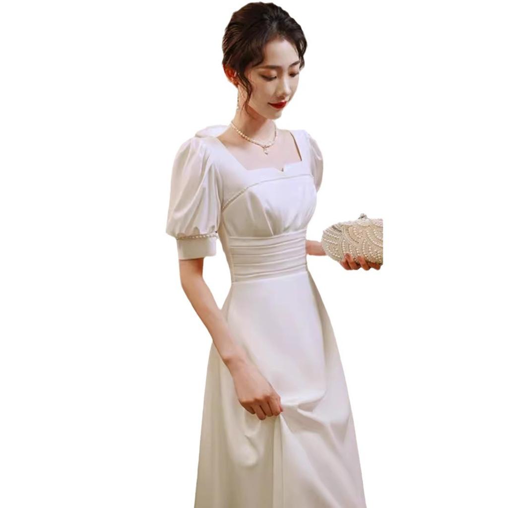 French White License Registration Dress Can Be Worn At Ordinary Times, Summer Thin Bubble Sleeve Square Collar Medium and Long Dress