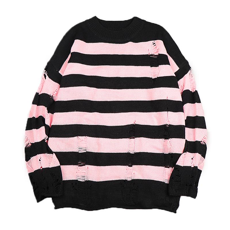 Y2K Oversized Goth Punk Gescheurde Gestreepte Lange Mouw Trui Trui Fairy Grunge Distressed Emo Streetwear Tops Kleding, Zwart, One Size
