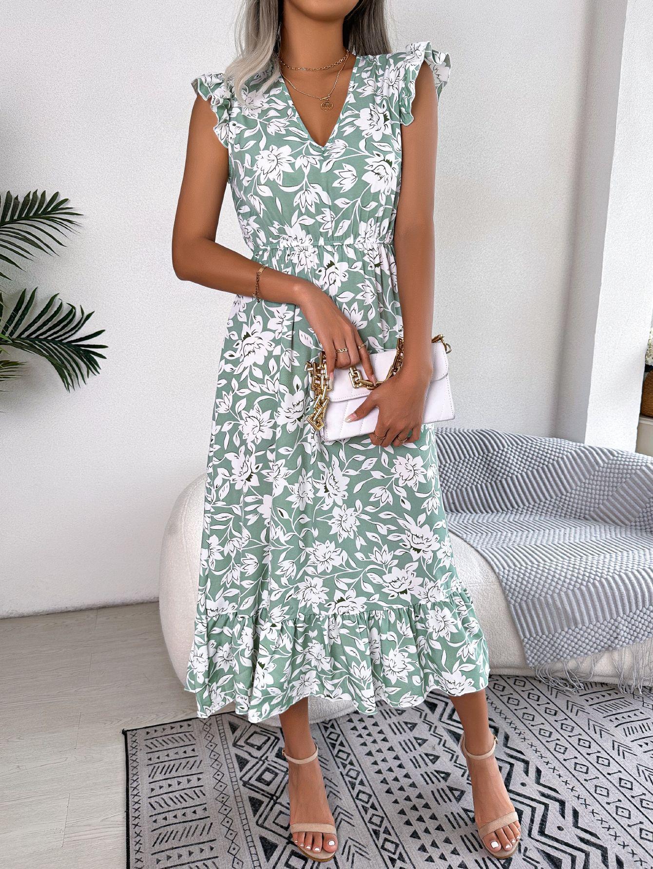 Real shot European and American spring and summer casual fungus edge flower waist long dress vacation dress S