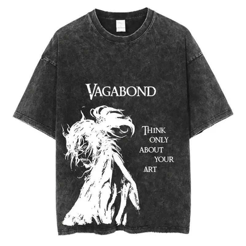 Anime Vagabond Graphic Print Vintage Washed Short sleeved round neck Y2k Tshirt Men Clothing New in Top Tees Mens T-Shirt