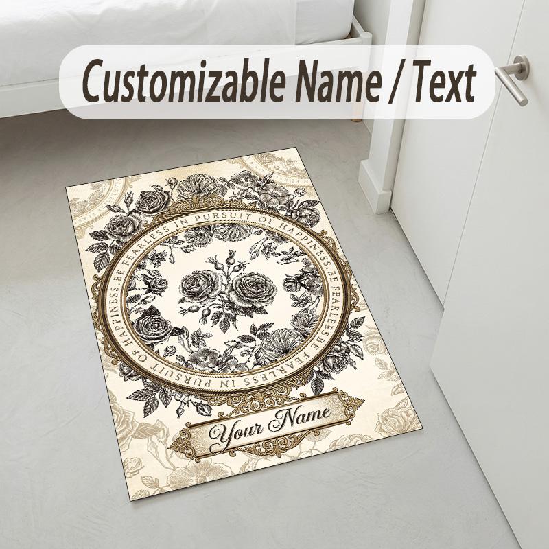 Floral Elegance Theme Soft Crystal Velvet Rug Custom Name & Text Print Non Slip Floor Rug for Bedroom Living Room