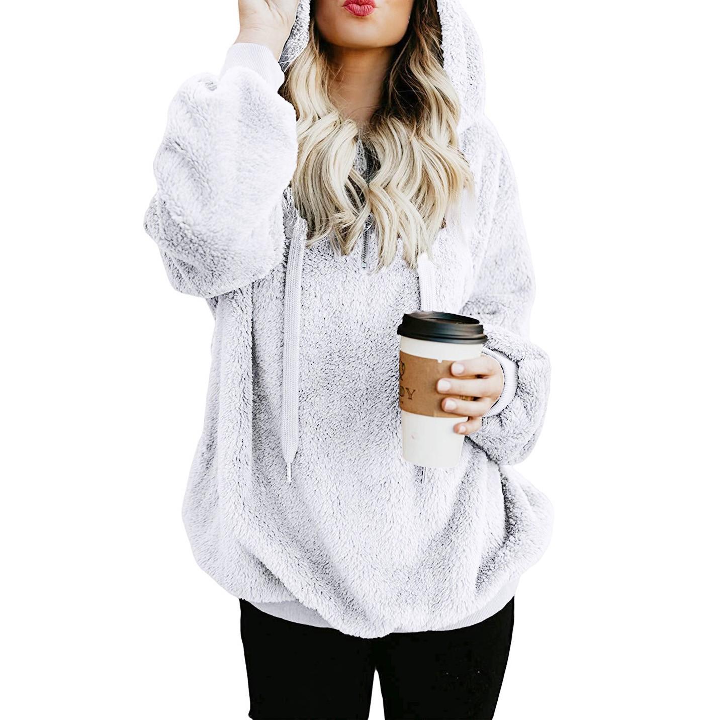 

Зимняя женская флисовая толстовка с капюшоном и длинным рукавом, пуловер, теплый джемпер, свитера с молнией 1/4 XXXXXL белый