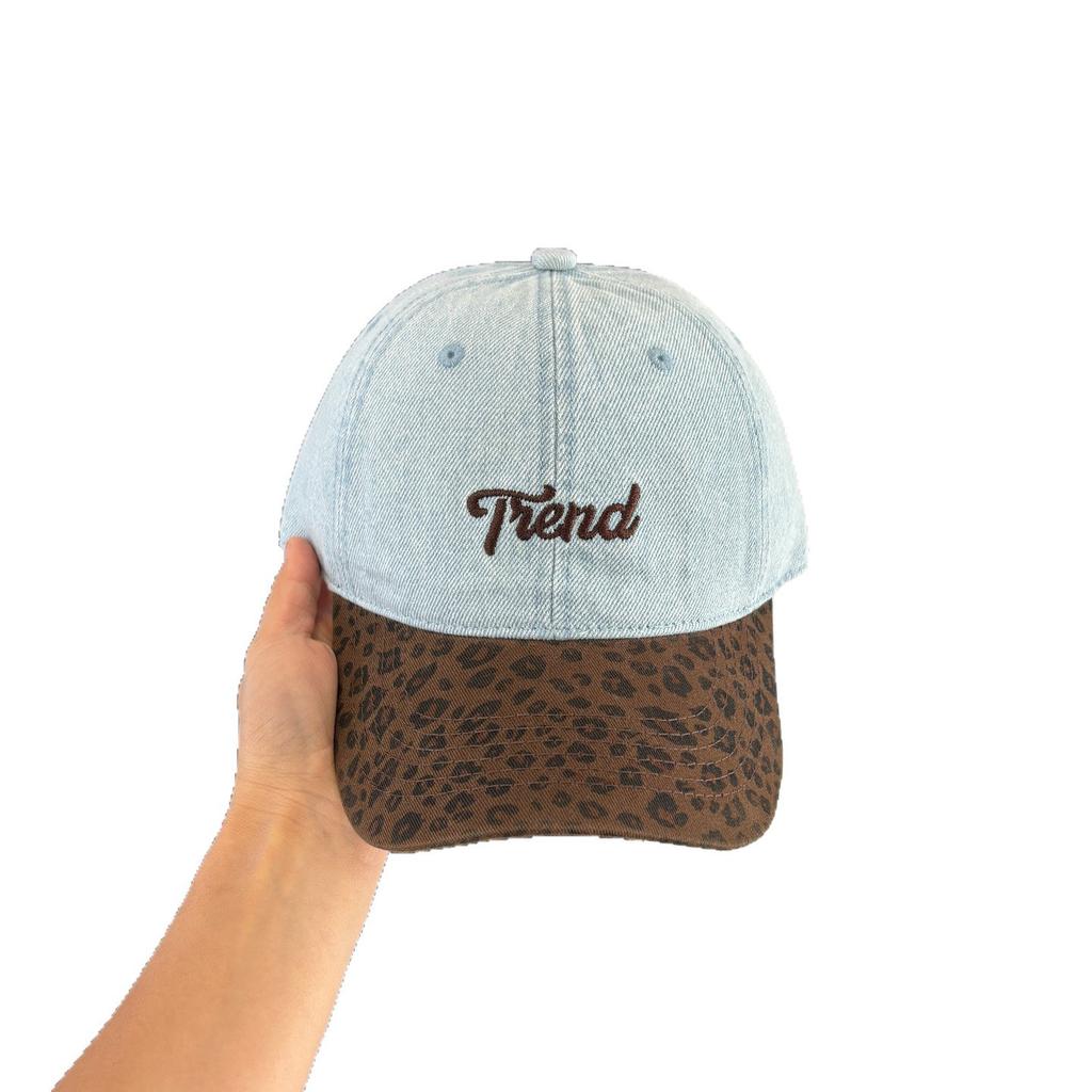 Leopard print denim patchwork baseball cap for women, large head circumference, wide brim, duckbill style