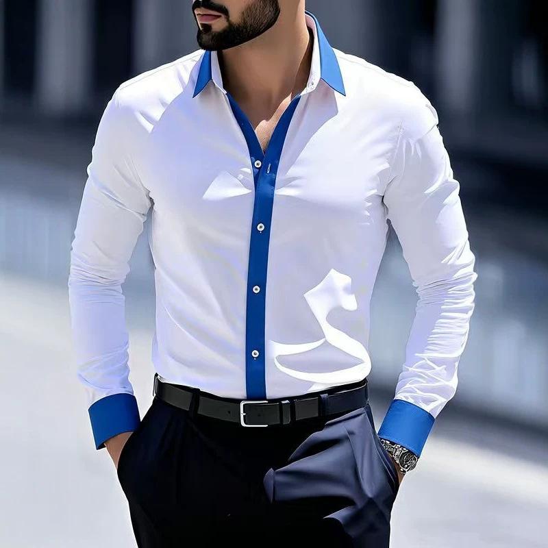 Men's Contrast Color Long Sleeve Dress Shirt, Business Casual Button Down Shirt, Formal Office Tops with Color Block Collar & Cuffs