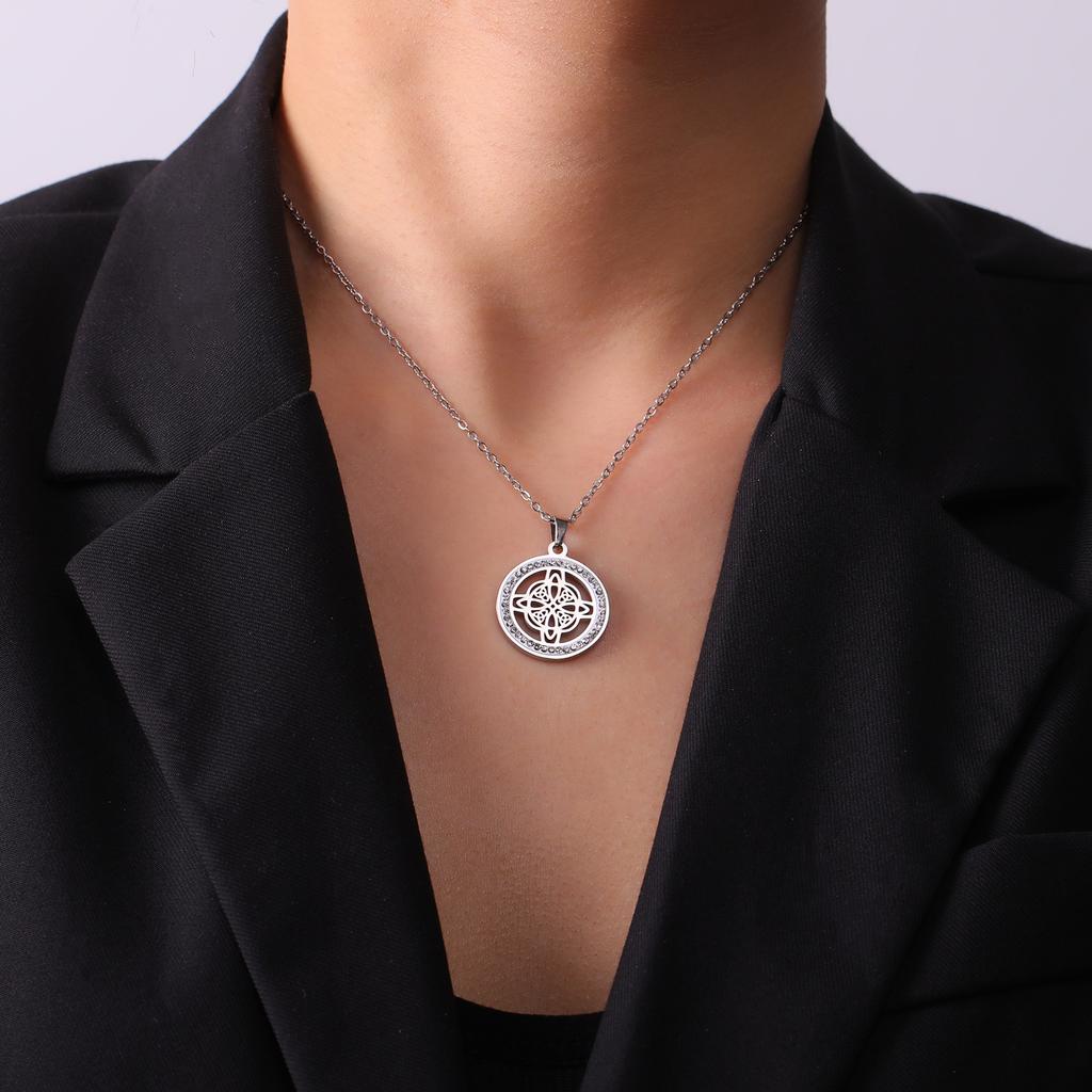 Double Layer Titanium Steel Miko Knot Pendant Necklace with Circle Diamond Accents Simple Fashion Jewelry