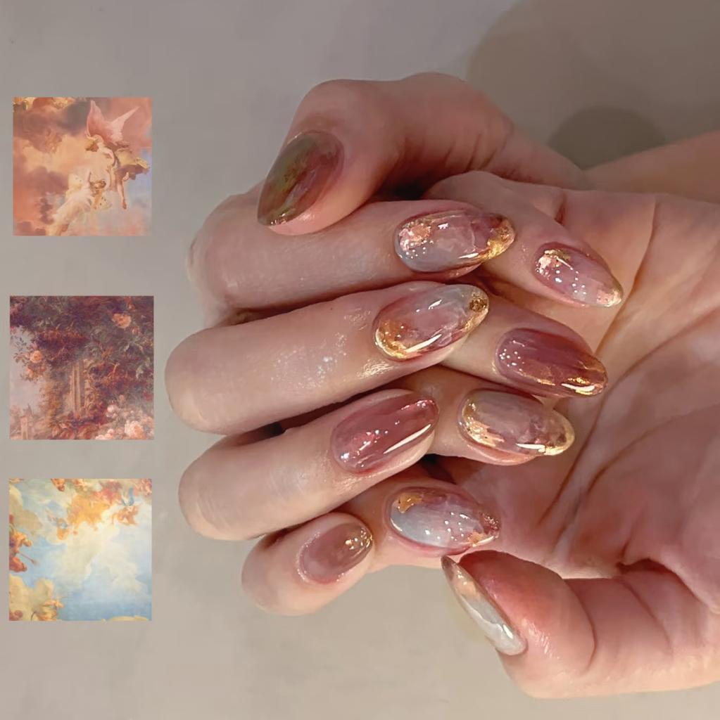 24PCS Retro Oil Paintings Patterns Almond False Nails with Glue Cute Sweet Garden Girl Stick On Nails Detachable Fake Nails Tips