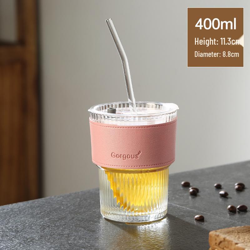 

Striped Glass Straw Cup with Lid - Stylish Minimalist Design for Iced Coffee and Lattes Striped White Cup