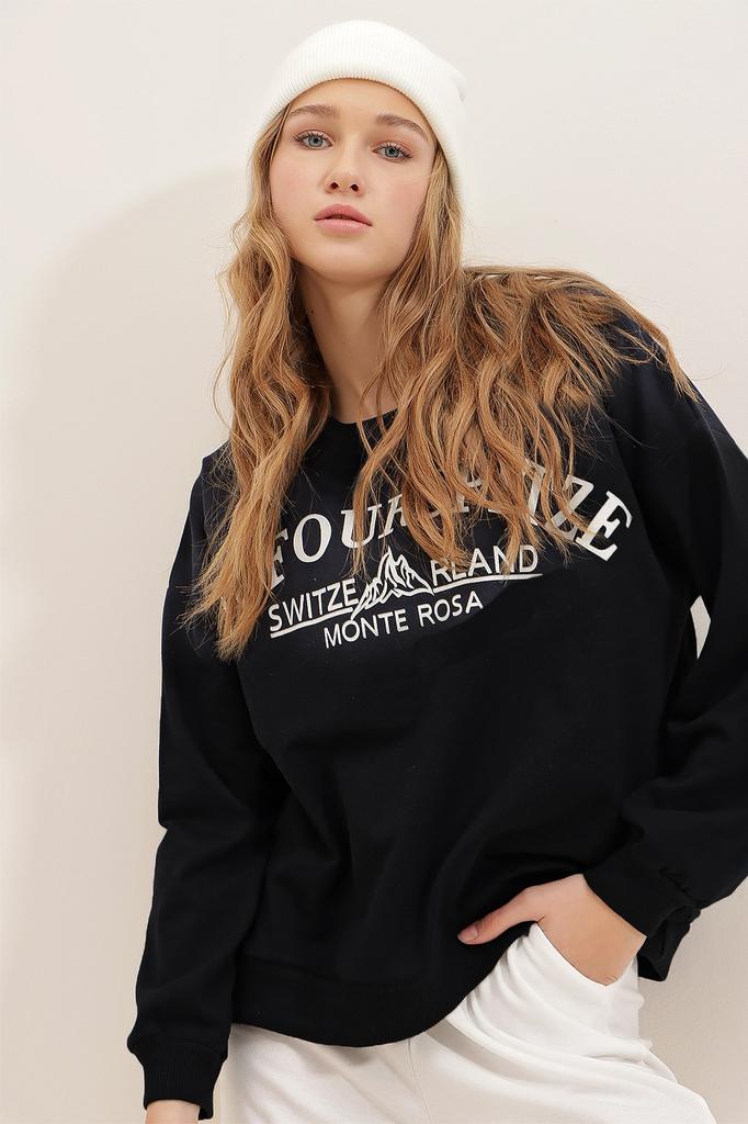 Women's Sweatshirt New Season Fashion Black Crew Neck Text Printed Oversize Sweatshirt