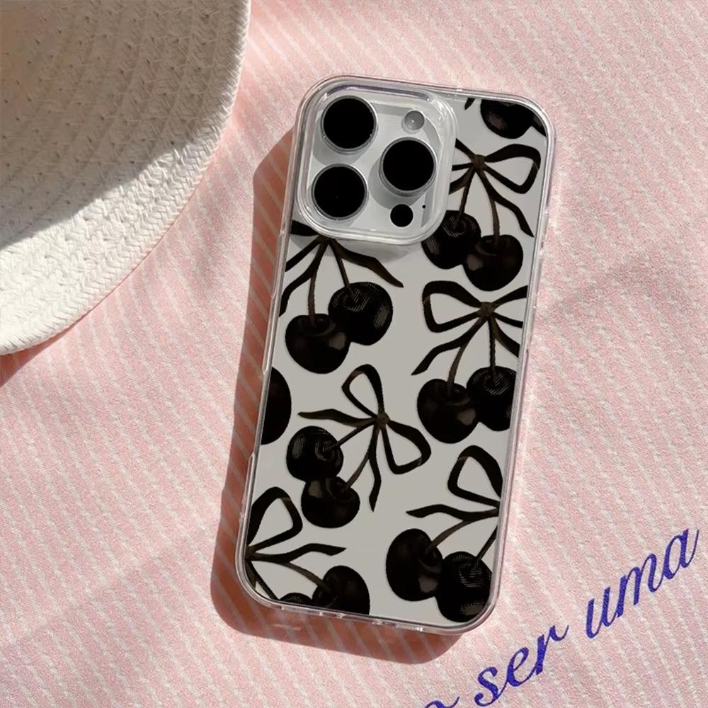 INS Black Cherry Bowknot Clear Phone Case For Samsung Galaxy A14 A15 5G S21 S22 S23 S24 FE Plus Ultra A25 A35 A52 A53 A54 A55 5G