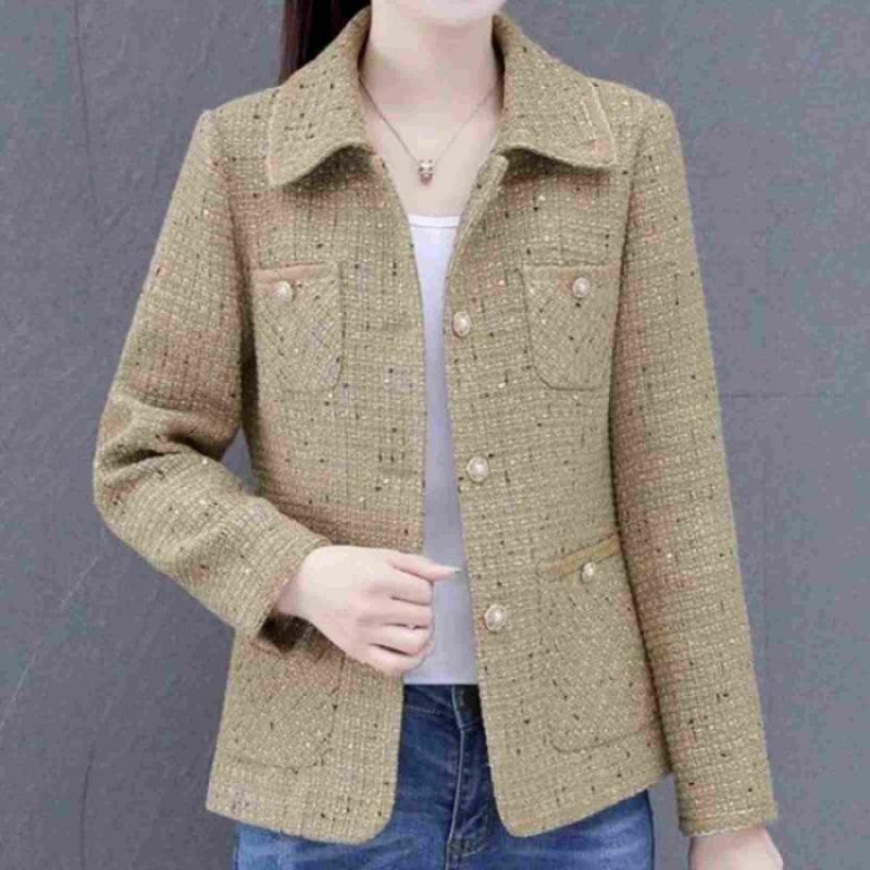 Women's POLO Collar Long Sleeve Tweed Jacket Slim Fit Elegant Commuter Short Blazer Button Decorated Tweed Top