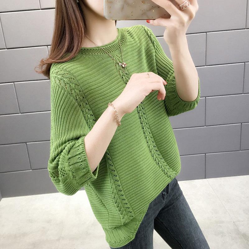 Summer Simple Hollow Knitted Sweater Women's Pullover Loose Temperament Elegant Seven-quarter Sleeve Crew Neck Top Women