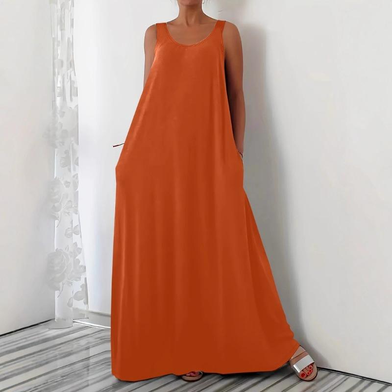 Damenkleid Sommer Einfarbig Übergröße Strand Langkleid Lässig Seitentasche Ärmelloses Kleid