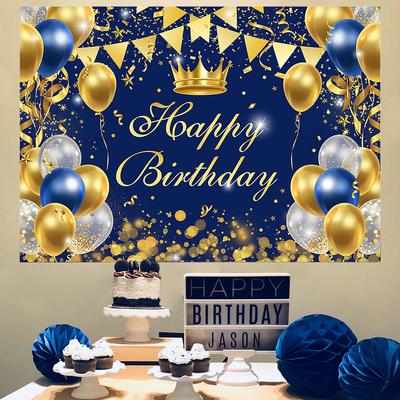Blue Gold Birthday Backdrop Background Royal King Crown Happy Birthday Party Decorations Background Kids Boy Birthday Suppies