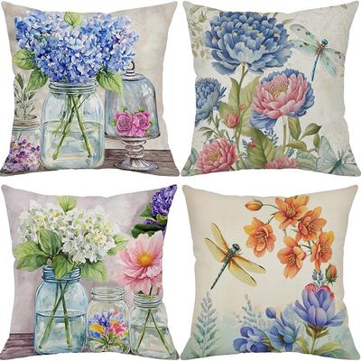 Floral Watercolor Pillow Covers,Jars & Dragonflies Decor ,,sofa and Chair Cushion Covers, Home Bedroom Room Decoration