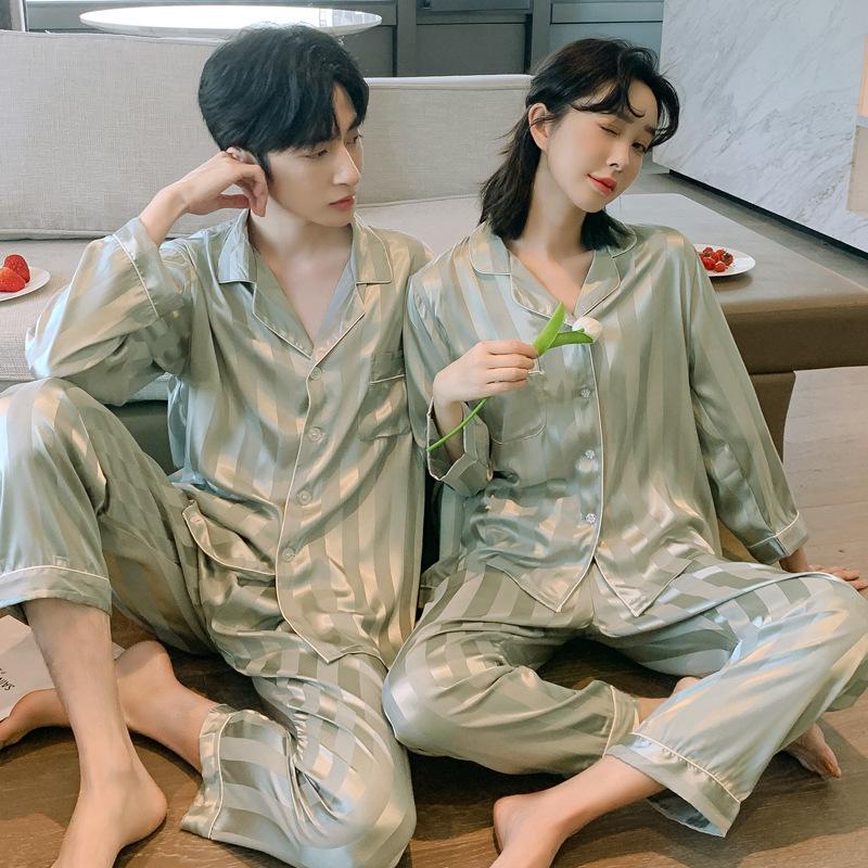 Wide White Couple Pajamas Women's Ice Silk Long-sleeved Men's Casual Plus Fat Summer Thin Loungewear Set
