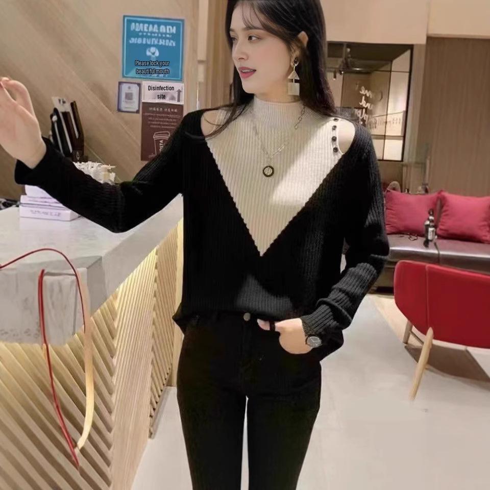 

Women s Off-Shoulder Knit Sweater - Half High Neck, Color Block, Perfect for Spring, Autumn, Winter Yellow with Black
