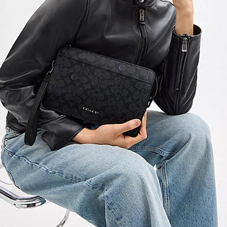 Coach 25 Brand Logo Zipper Closure Faux Leather Clutch Medium Men Clutch Charcoal CW168-QBMI5