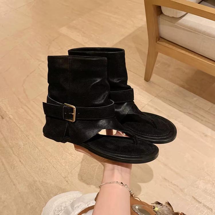 Vintage Sandals, New Versatile, Toe Clip Belt Buckle Flat Sandals, Black Slim Pants, Tube Boots, Roman Shoes Women