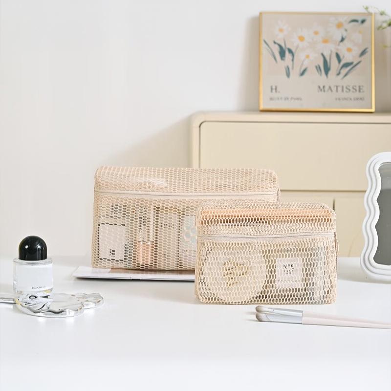 Beige Zipper Mesh Storage Bags Tear Resistant Breathable Visible Organizer for Business Trip Toiletries Makeup Storage