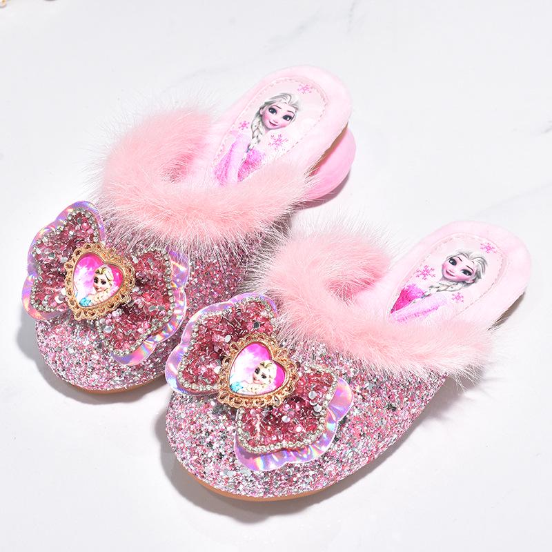 Elsa Winter Plüsch Prinzessin Baumwoll Hausschuhe für Mädchen – Rutschfest, Geschlossene Zehen, Warme Komfortschuhe