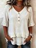 Camisetas Retro de Mujer con Cuello en V, Mangas Cortas con Volantes, Holgadas, de Algodón y Lino, Blusa Túnica Casual